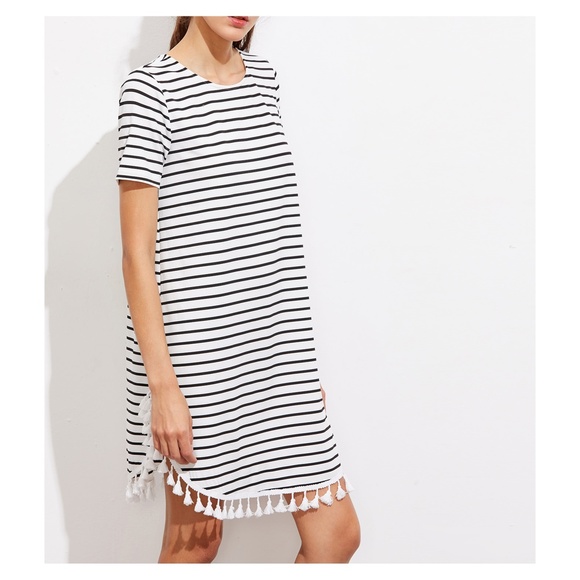 MBM Unlimited Dresses & Skirts - White Striped Short Sleeve Tassels Shift Tee Dress